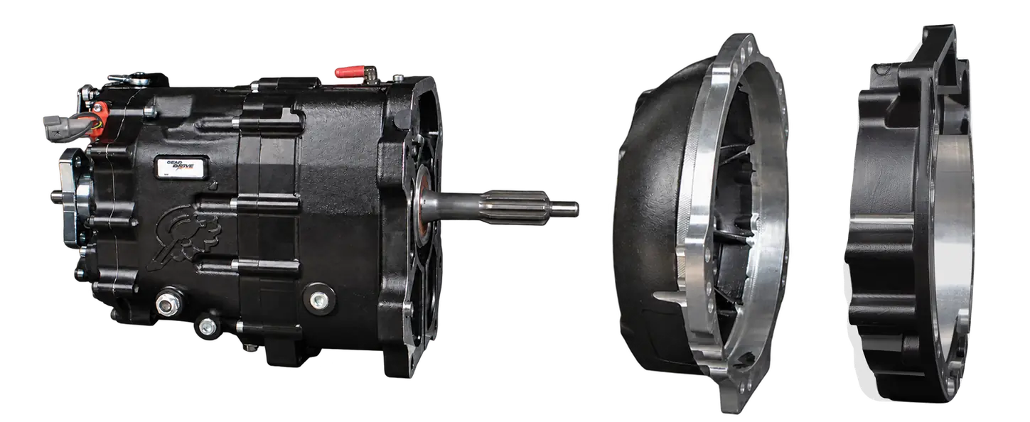 Exploded view: NG-SEQ-5 gearbox, removable bellhousing and engine fitment